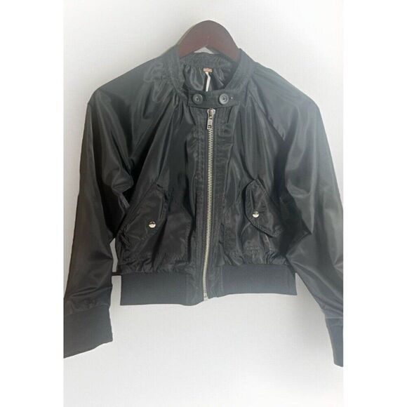 Free People Satiny XS Bomber Jacket Womens Black Long Sleeve Full Zip        T - Picture 1 of 7